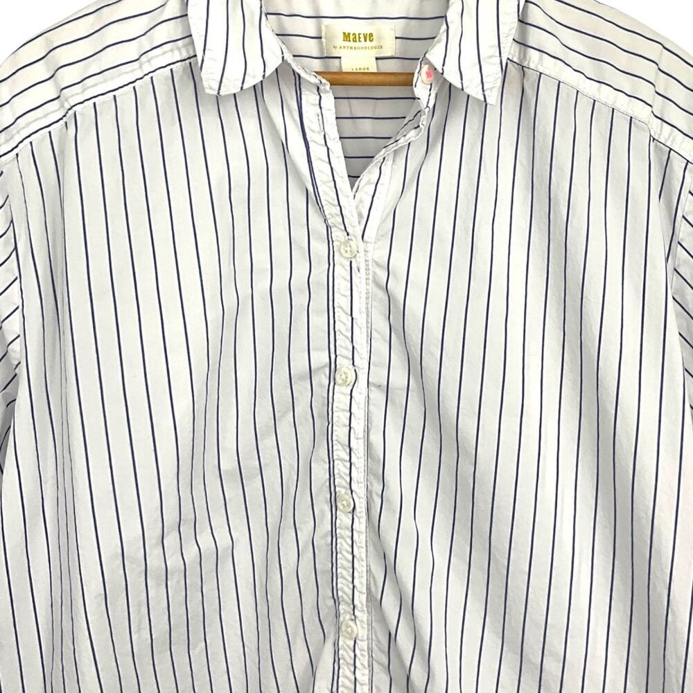 Anthropologie Maeve Button Down Shirt White Blue Striped I Love You Size Large L - Picture 3 of 10